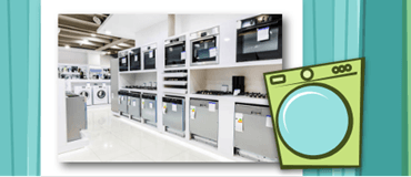 An appliance showroom on a teal geometric background with an illustration of a washing machine.